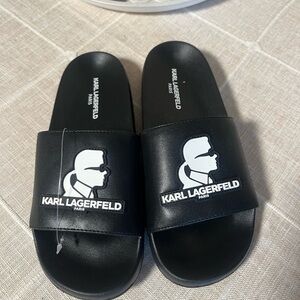 Karl Lagerfeld Black and White Logo Slide Sandals